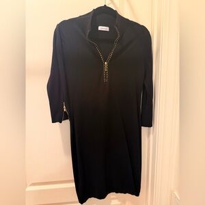 Calvin Kline Black Zip-Accent Sweater Dress with Gold Studs